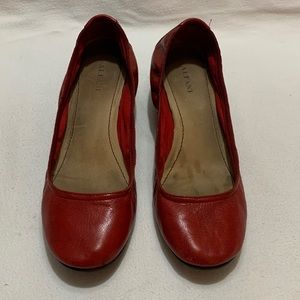 Red leather, 1.5 inch dark wooden looking wedge heel